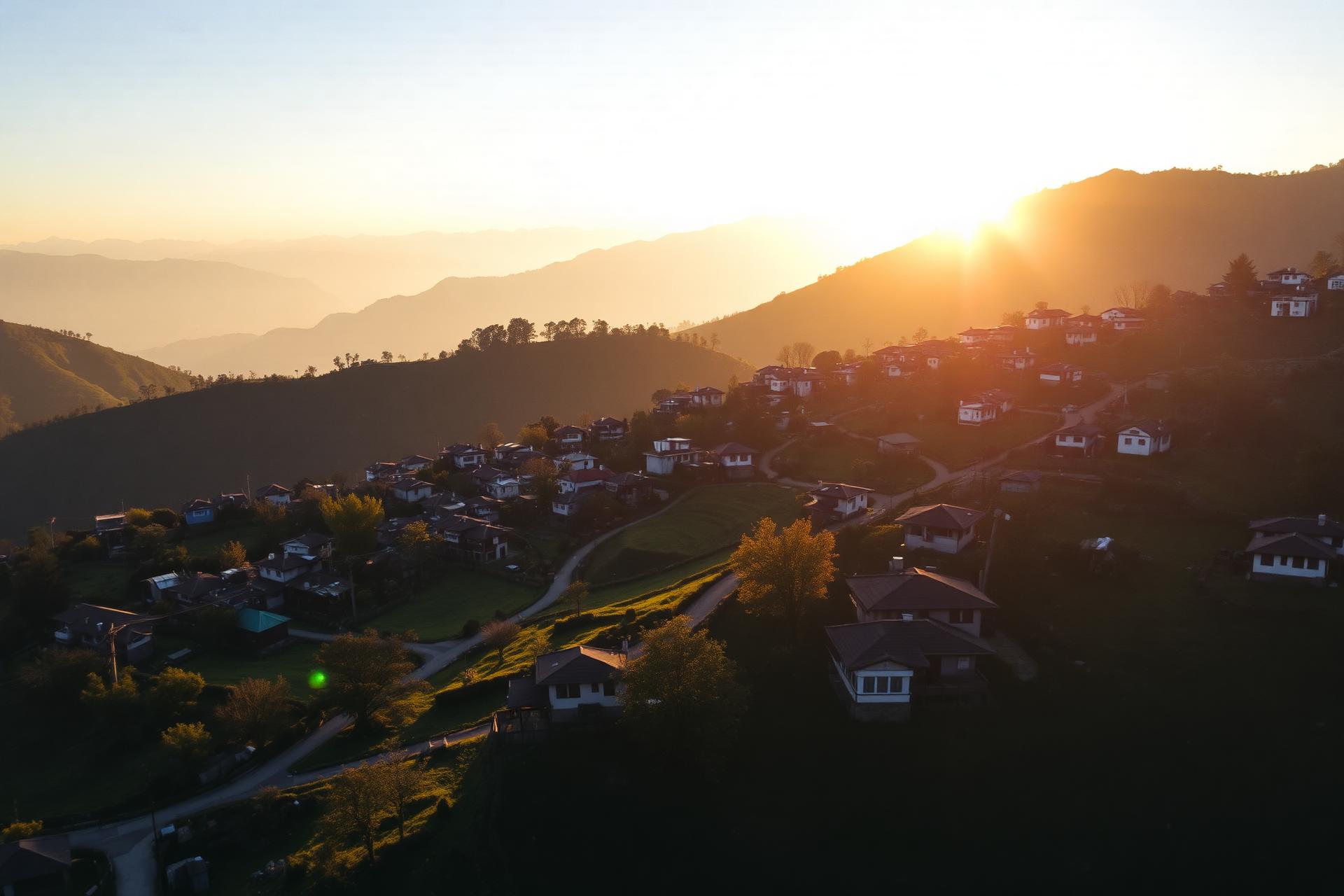 Aerial view of a Nepali hillside town at sunset with the Himalayas